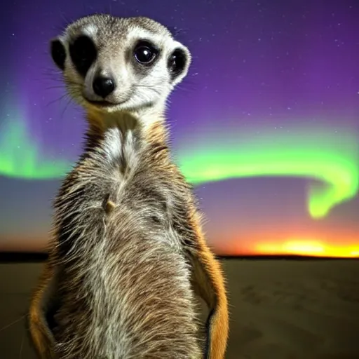 Image similar to An Award winning national geographic nature photo, from behind of a meerkat standing on a hill, looking at a Purple Auroras Borealis. 4K, ultra HD.