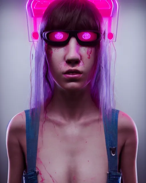 Image similar to portrait of a neon raver girl in a butchery, confused expression, cgsociety, detailed, unreal engine, textured, cinematic, character design