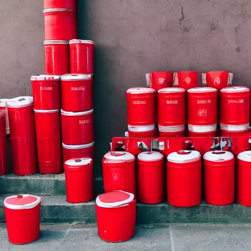 Image similar to pile of red canisters and white bags near wall