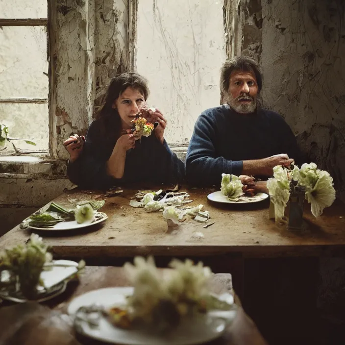 Image similar to closeup portrait of a couple eating flowers at a dining table, in a desolate abandoned house, by Annie Leibovitz and Steve McCurry, natural light, detailed face, CANON Eos C300, ƒ1.8, 35mm, 8K, medium-format print