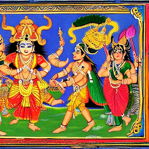 Prompt: indian mythological war of gods, hindu gods, ramayana scene