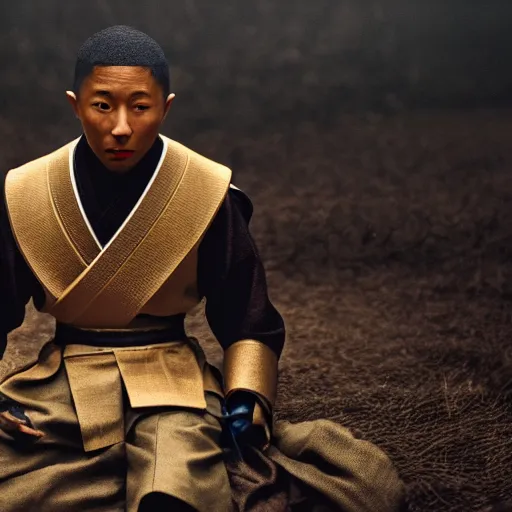 Image similar to cinematic film still Pharrell Williams starring as a Samurai holding fire, Japanese CGI, VFX, 2003, 40mm lens, shallow depth of field,film photography