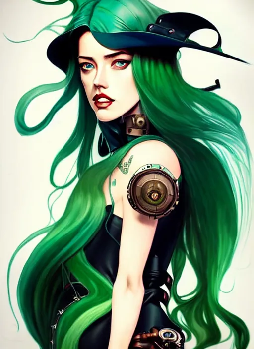 Prompt: style artgerm, joshua middleton, amber heard with green dress, very long blue hair, symmetrical face, symmetrical eyes, steampunk western gunslinger with cyborg arm, cinematic lighting