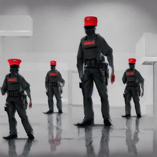 Prompt: ( floating in red spectral aura ) zombie police security guard officers ( beige uniform and caps ) wield ( uzis ) in ( brutalist concrete gray office ) trending on artstation high detail concept art digital painting 4 k 8 k hd