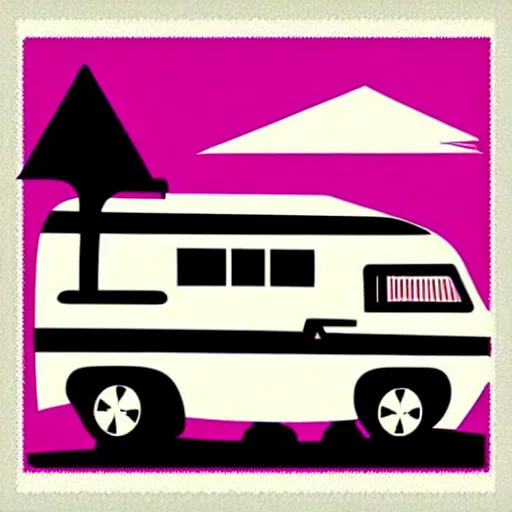 Image similar to stylized stencil graphic of a white and black cute thor chateau! motorhome camper!!, mountains, colorful sunset!!, stencil by tom whalen