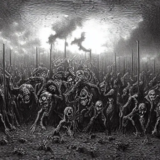 Image similar to zombies, nine steel barrels in a graveyard, creepy atmosphere, dark, realistic, illustration by gustave dore