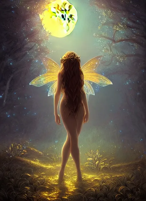 Prompt: fantasy book cover, full moon, fantasy forest landscape, gorgeous fairy looking at the moon, golden elements, fantasy magic, dark light night, intricate, 8 k, uhd, hugh resolution, elegant, sharp focus, illustration, highly detailed, digital painting, concept art, matte, art by wlop and artgerm, unsplash, masterpiece