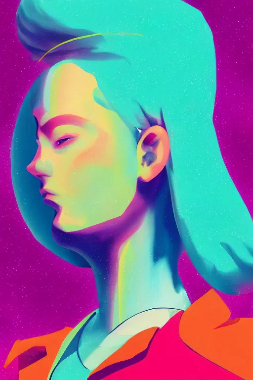 Prompt: an expressive profile painting of a female gen z student, in the style of an original beeple digital art painting, vaporwave cartoon