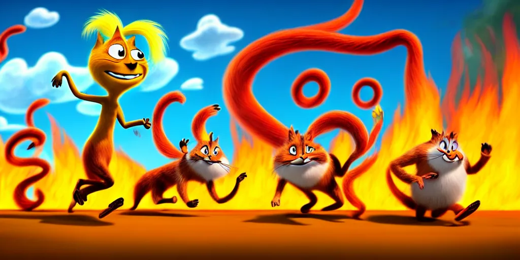 Image similar to cartoon concept art, terrified animal characters running from the fire, spiral clouds, from lorax movie