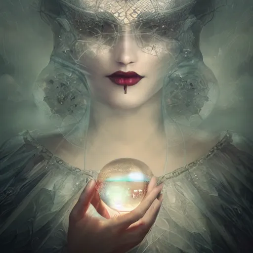 Prompt: By Tom Bagshaw, ultra realist octane render of a floating transparent glass sphere filled with a dark curiosities carnival scene mixed with a beautiful gothic queen dressed, reflection and refraction, symmetry accurate features, very intricate details, artstation