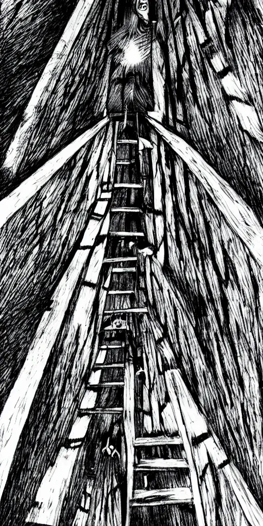 Image similar to A ladder from top to bottom, horror, creepy, dark, manga, pencil, inspired by junji ito, superior quality, masterpiece