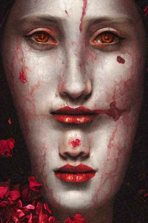 Prompt: hyperrealism close - up mythological portrait of a medieval woman's shattered face partially made of crimson color flowers in style of classicism, pale skin, wearing silver dress, dark and dull palette