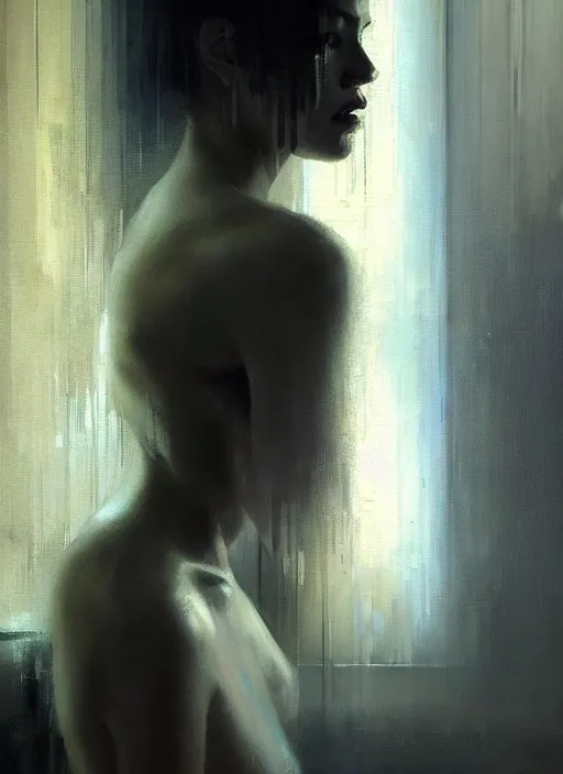 Image similar to a portrait of a beautiful woman inside a modern apartment, intricate oil painting, hyperdetailed, ominous, ethereal, dramatic lighting, by jeremy mann and ruan jia and ilya kuvshinov