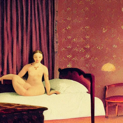 Image similar to a lonely girl in a liminal hotel room, baroque wallpaper, film still by wes anderson, depicted by balthus, limited color palette, very intricate, art nouveau, highly detailed, lights by hopper, soft pastel colors, minimalist