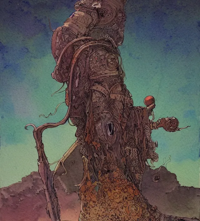 Image similar to a 3 / 4 view watercolor ink painting of an android shaman / wizard wandering desert bringing miracles in the style of jean giraud in the style of moebius trending on artstation deviantart pinterest detailed realistic hd 8 k high resolution