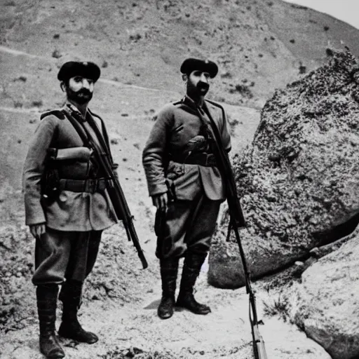 Prompt: 2 Armenian soldiers standing near a rock, holding their rifles