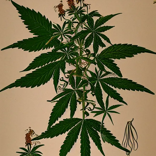 Prompt: marijuana plant in the style of a 1 9 th century botanical illustration