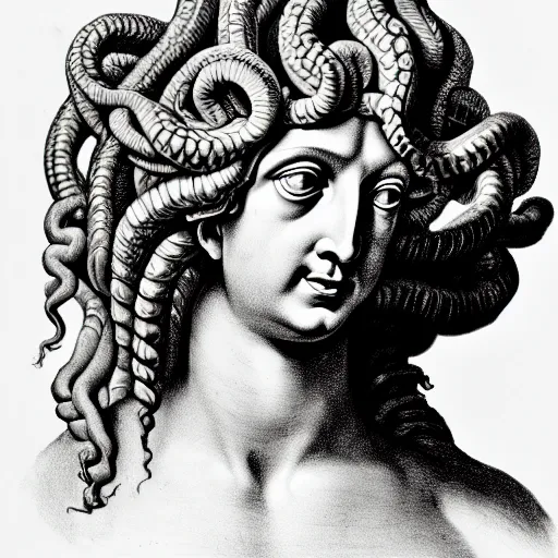 Image similar to portrait of the gorgon medusa, drawing, highly detailed, - h 7 0 4, upscaled