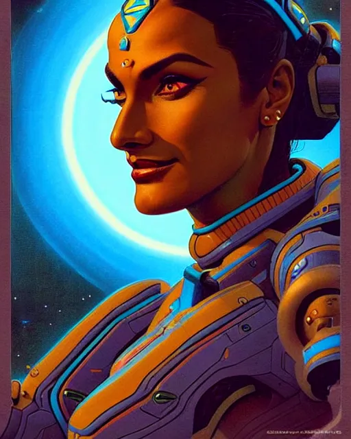 Image similar to symmetra from overwatch, character portrait, portrait, close up, concept art, intricate details, highly detailed, vintage sci - fi poster, retro future, in the style of chris foss, rodger dean, moebius, michael whelan, and gustave dore