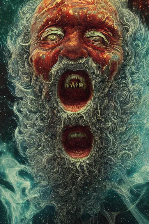 Image similar to an old fractal man screams and a tornado comes out of his mouth by artgem and gustave dore, highly detailed and colored, high contrast, trippy, nebula, trending on artstation