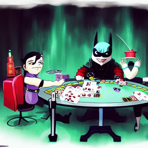 Image similar to joker playing poker with batman, studio ghibli, trending on artstation, high detalied,