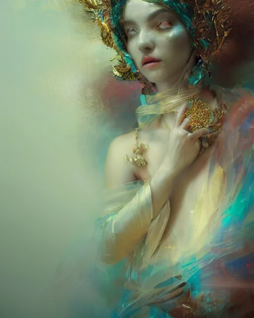 Prompt: 4k cinematic full view iridescent ethereal elysian female wearing intricate religious Madonna crown by Ruan Jia by Alberto Seveso, detailed and realistic, Artstation