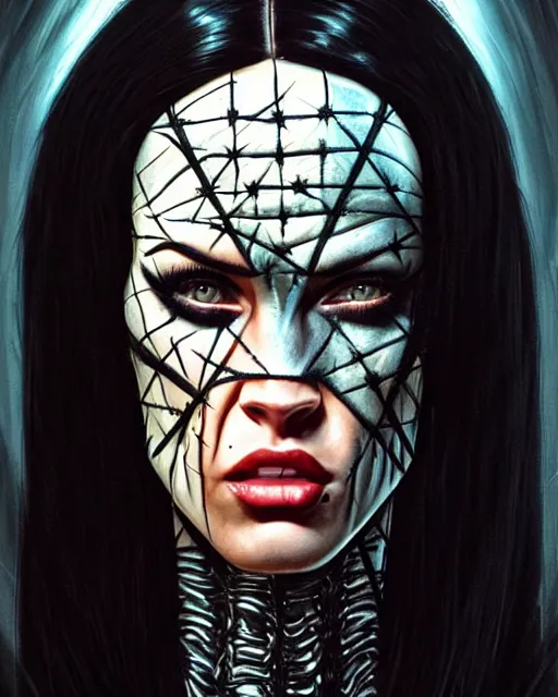 Image similar to portrait of megan fox as pinhead, bald, hellraiser, xenobite, hell, intricate, headshot, highly detailed, digital painting, artstation, concept art, sharp focus, cinematic lighting, illustration, art by artgerm and greg rutkowski, alphonse mucha, cgsociety