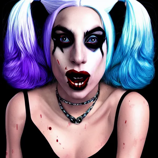 Image similar to photorealistic Lady Gaga as Harley Quinn