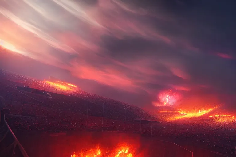 Prompt: meteors fall from the red sky upon a burning football stadium, crowds panic, cinematic lighting by jessica rossier