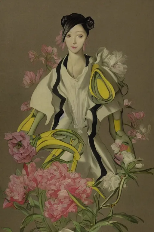 Prompt: a elegant anime robot with fluo color detail, and muted arm colors, that looks like a insect, on top of dutch master painting of flowers