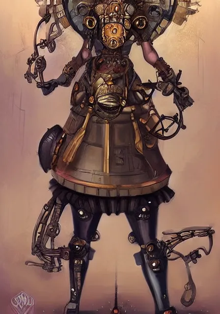 Image similar to steampunk clockwork durga mecha by marek okon designed by alexander mcqueen dress by peter mohrbacher