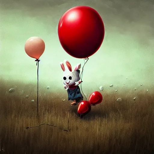 Prompt: grunge surrealism cartoon landscape painting of a cartoon bunny and a red balloon by - michal karcz, loony toons style, pennywise style, horror theme, detailed, elegant, intricate