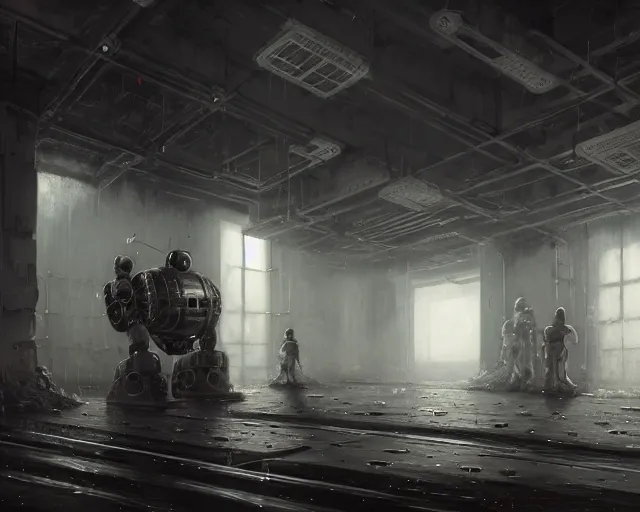 Image similar to gloomy ruined server room in datacenter robot automata rusty steel robot knight colossus welder pacing fixing mono eyed, sharp focus, emitting diodes, smoke, artillery, sparks, racks, system unit, motherboard, by pascal blanche rutkowski repin artstation hyperrealism painting concept art of detailed character design matte painting, 4 k resolution blade runner