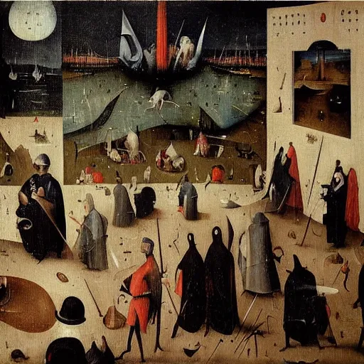 Image similar to hieronymous bosch painting of wall street filled with tortured bankers and suffering traders