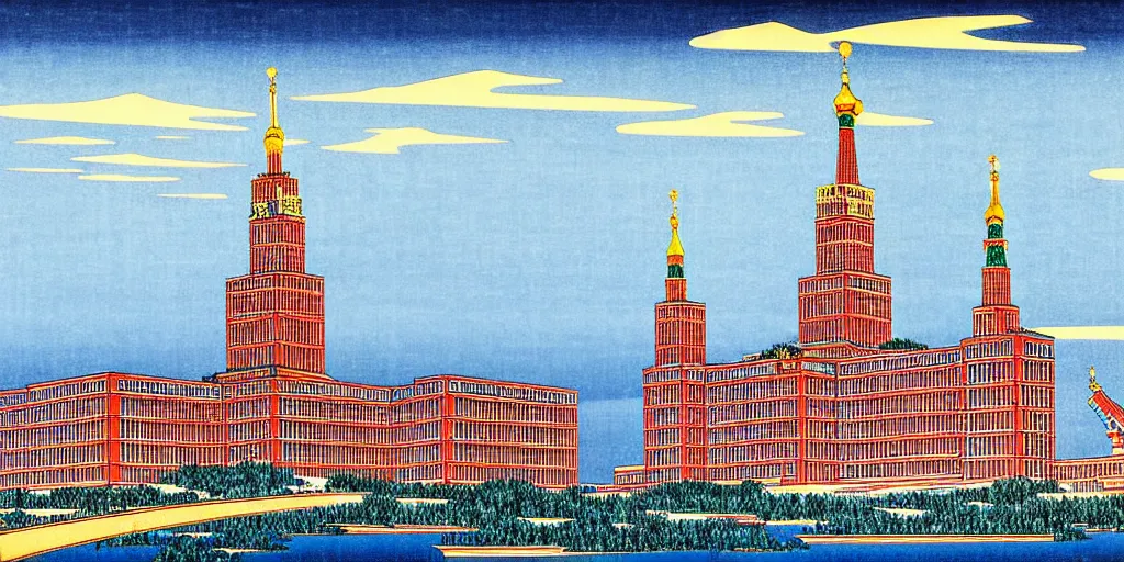 Prompt: moscow state university main building by katsushika hokusai