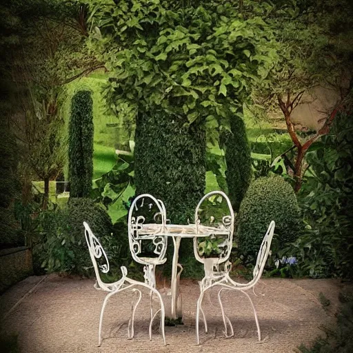 Prompt: delicate, chairs, garden, paved, botanic watercolors, iridescent, 8 k, realistic shaded, fine details, artstation, italian, iron gate, tree, mediterranean, hdr photography