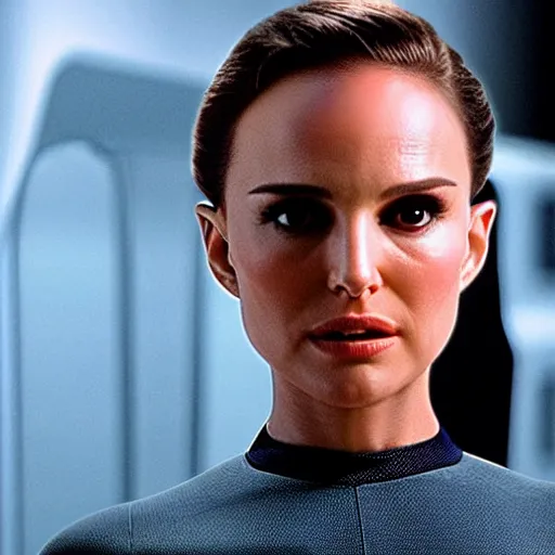 Image similar to Natalie Portman in Star Trek, ¾ view, (EOS 5DS R, ISO100, f/8, 1/125, 84mm, postprocessed, crisp face, facial features)