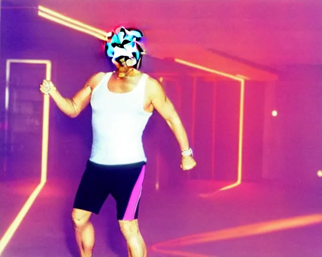 Image similar to Donald Trump in 80s workout gear, laser background, vaporwave aesthetic