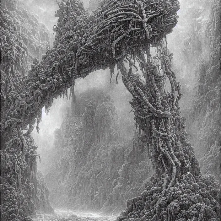 Image similar to Surrealism by David Normal, surrealism by James McCarthy, space station inside by Maksymilian Novak-Zempliński, oregon washington rain forest by jonathan solter, hellscape by Gustave Doré, seascape by Gustave Doré, with surreal architecture, Surrealism by David Normal--cfg 9