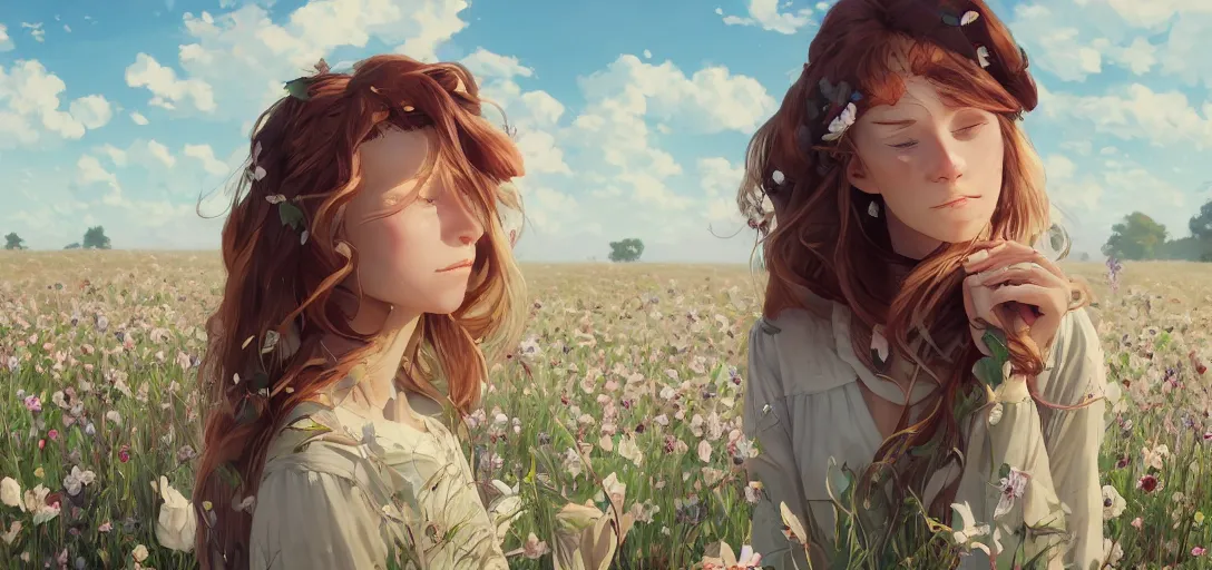 Image similar to a beautiful southern woman named Savannah Savage, innocent, sad cerulean eyes, freckles, long ginger hair tied with white ribbon, thoughtful in a field of flowers on a farm, gentle lighting, innocent mood, storm in the distance, somber, western clothing, dress,digital art by Makoto Shinkai ilya kuvshinov and Wojtek Fus, digital art, concept art,