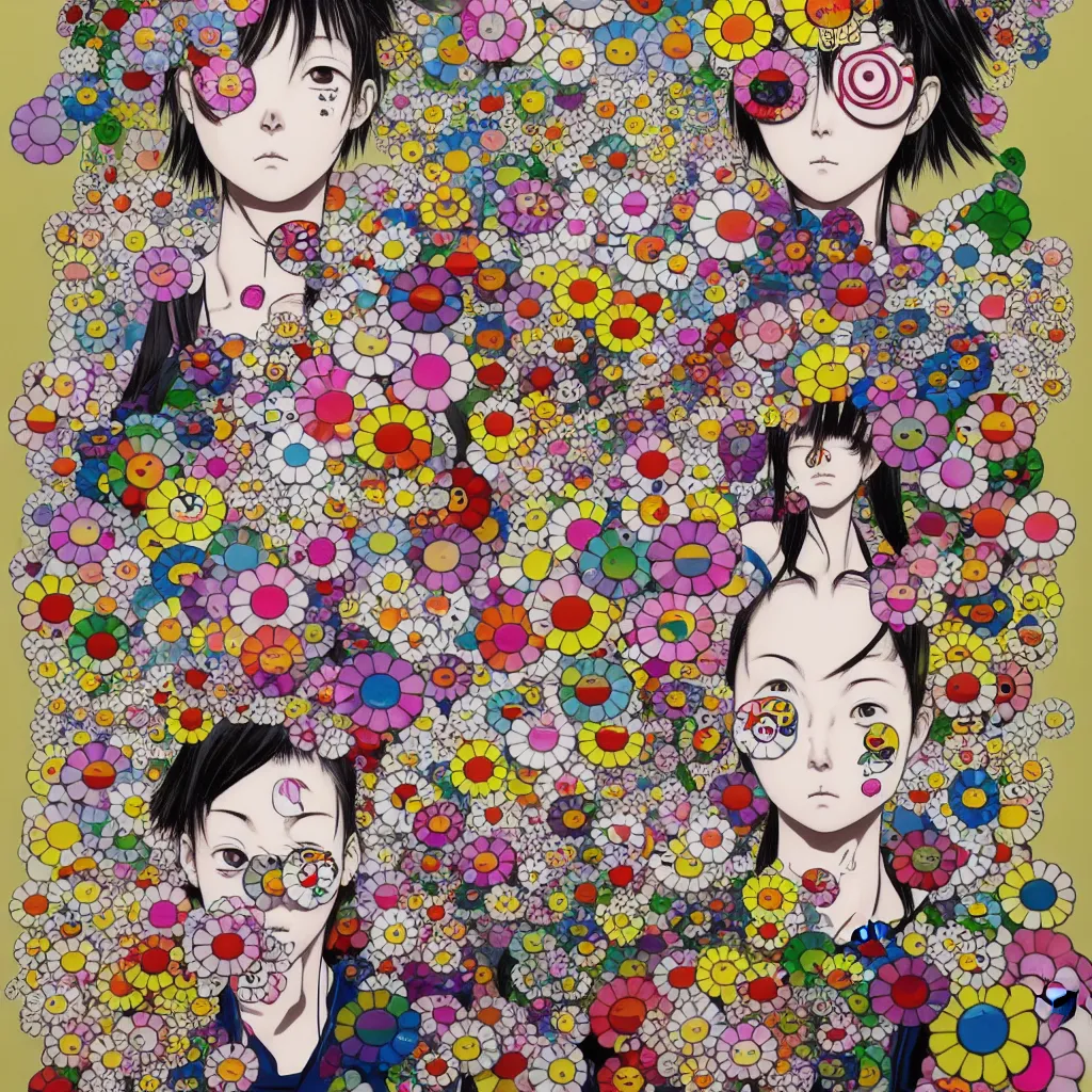 Prompt: prompt: Fragile portrait of singular persona covered with random flowers illustrated by Katsuhiro Otomo, inspired by Takashi Murakami and 1990 anime, smaller cable and cyborg parts as attributes, eyepatches, illustrative style, intricate oil painting detail, manga and anime 1990