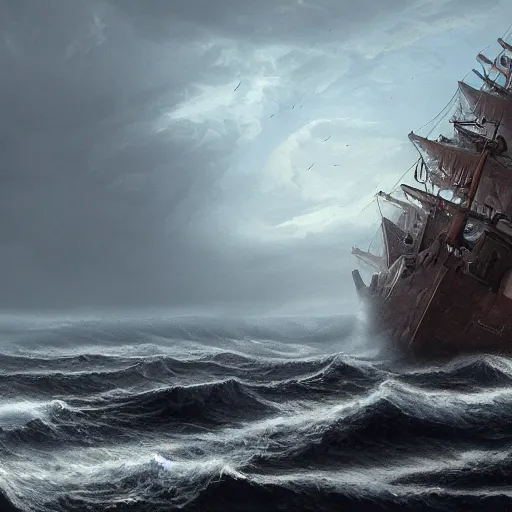 Prompt: An ancient burning ship on a stormy sea, matte painting, highly detailed, trending on artstation