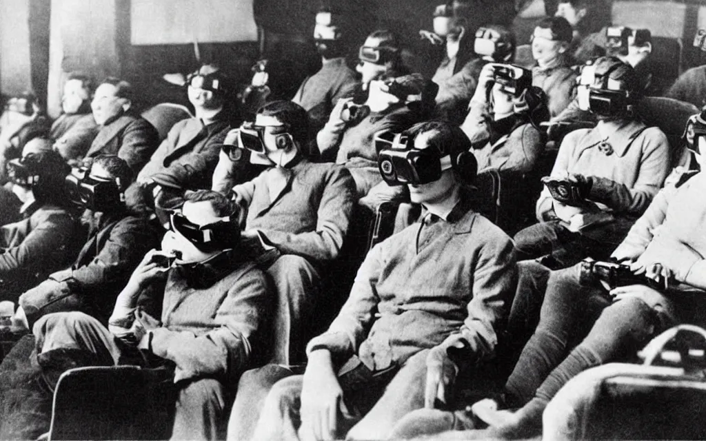 Image similar to 1 9 0 0 s photo of people using iphones ipods virtual reality headsets vr watching hd tv in a movie theater