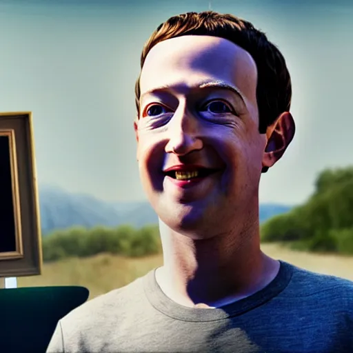 Image similar to closeup photo of mark zuckerberg dressed as pee wee herman, sunny day, village house, pastoral, happy, cinematic, art by jan urschel and neil blevins