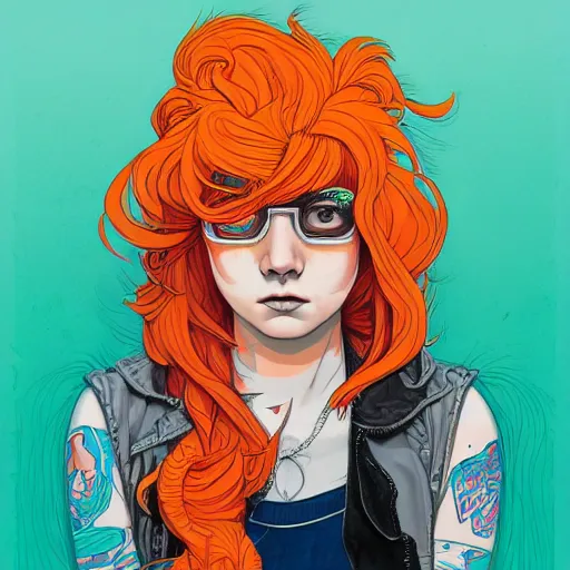 Image similar to portrait painting of a teenage girl with swept back wild orange hair and punk clothes, sharp focus, award - winning, trending on artstation, masterpiece, highly detailed, intricate. art by josan gonzales and moebius and deathburger