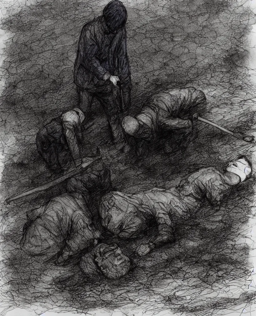 Image similar to a mournful man with a shovel standing digging up a dead body in it, subtle blue, orange, and dark green tones, high quality, high detail, dark colors, sinister atmosphere, dramatic lighting, cinematic, establishing shot, extremely high detail, photo realistic, cinematic lighting, pen and ink, intricate line drawings, by Yoshitaka Amano, Ruan Jia, Kentaro Miura, Artgerm, post processed, concept art, artstation, matte painting, style by eddie mendoza, raphael lacoste, alex ross