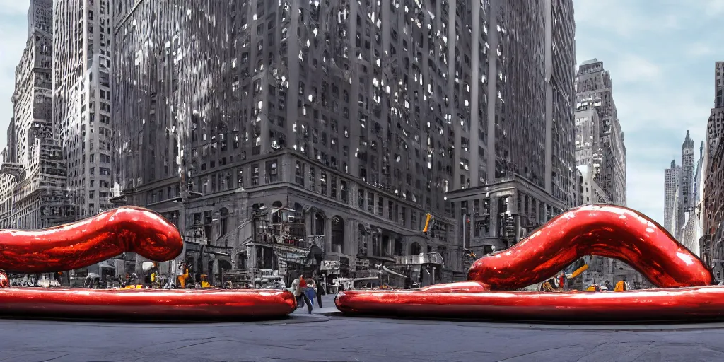 Prompt: a photograph of a giant metallic hotdog sculpture in the center of a new york street, a large crowd have gathered, by jeff koons, chrome, silver, reflections, pop art, 3D render, Volumetric dynamic lighting, Highly Detailed, Cinematic Lighting, Unreal Engine, 8k, HD