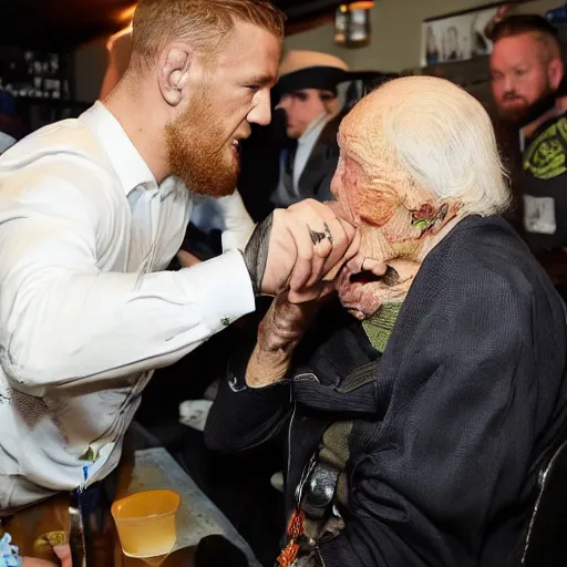 Image similar to Conor McGregor slapping a frail elderly man inside a bar