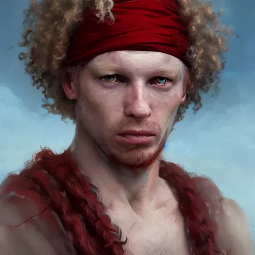 Prompt: very detailed portrait photo photo of an mature pale albino albino albino african pirate with red headband and curly curly curly hair, featured in artstation, photo art by Greg Rutkowski, WLOP, Dan Mumford, Christophe Vacher