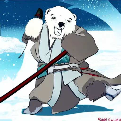 Prompt: a determined polar bear shogun drawing his sword, anime style